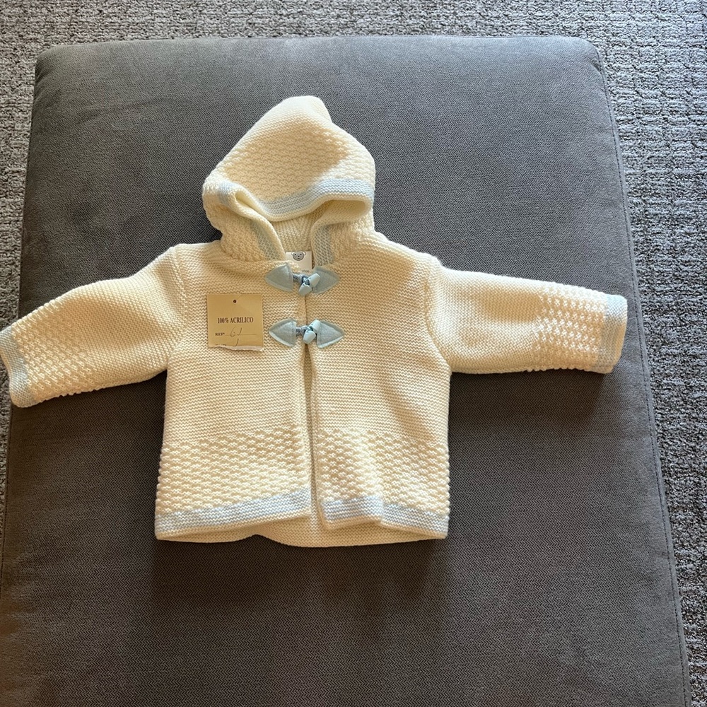 Cream Hooded Baby Cardigan with Blue Accents